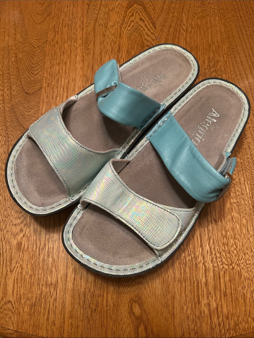 Alegria Iridescent and Teal Strap Velcro Slide Sandals